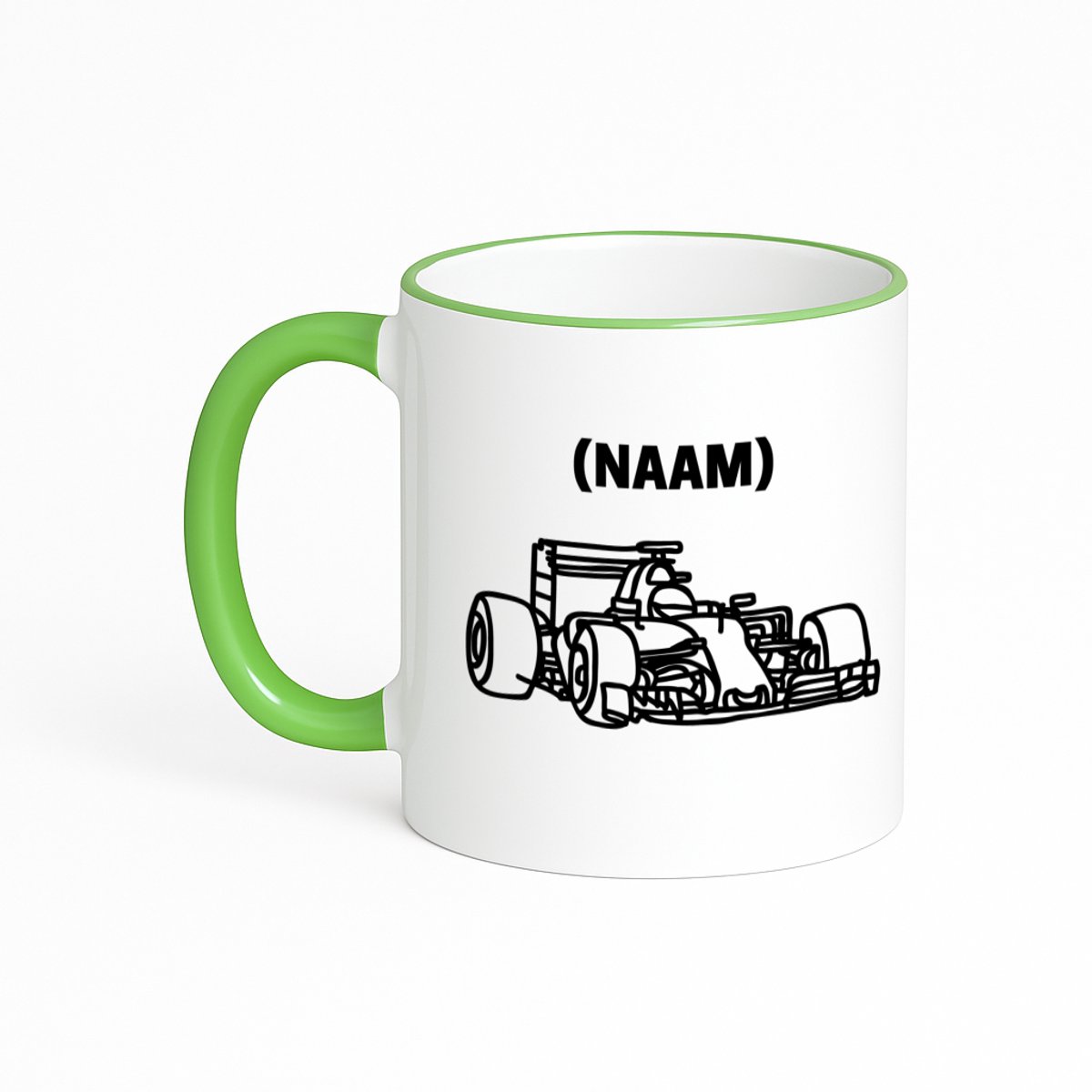 Hacebo® - Formule 1 met eigen naam koffiebeker met gekleurde rand groen - Auto rijden - Auto liefhebbers - thee mok - koffie beker - Autosport - koffiemok - 330 ML