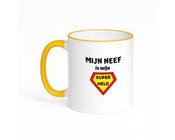 Hacebo® - mijn neef is mijn superheld koffiebeker met gekleurde rand goudgeel - Neef - super held - thee mok - koffie beker - verjaardag - cadeautje voor neef - neef artikelen - kado - geschenk - koffiemok - 330 ML