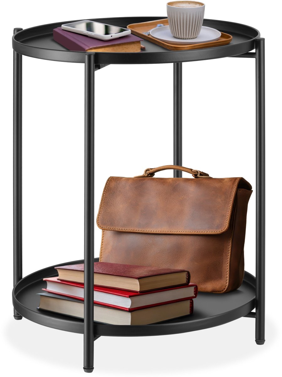 tectake® Ronde bijzettafel van metaal - Kleine salontafel met twee niveaus - 2 afneembare dienbladen - Rustiek - Delicaat design - Draagkracht 60 kg - Afmeting (ØxH) Ø 45,5 x H 53 cm - Zwart
