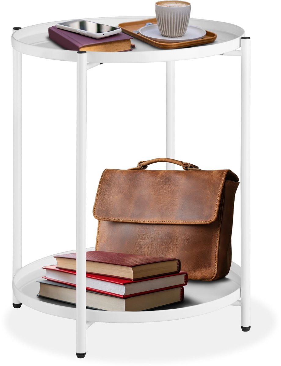 Tectake Ronde Bijzettafel van Metaal - Kleine Salontafel met 2 Niveaus - Ø 45,5 x 53 cm - 2 Afneembare Dienbladen - Rustiek - In Hoogte Verstelbaar - Draagkracht 30 kg - Voor Woonkamer en Slaapkamer - Nachtkastje - Wit