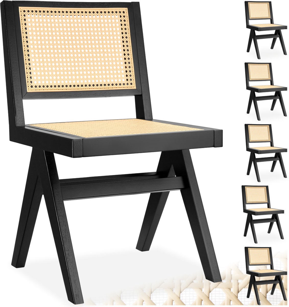 Tectake Houten Stoel Lizzy - Zwart - Set van 6 Eetkamerstoelen met Weens Vlechtwerk - Boho-Stijl Stoel met Rugleuning - Massief Houten Frame - Belastbaarheid 120 kg