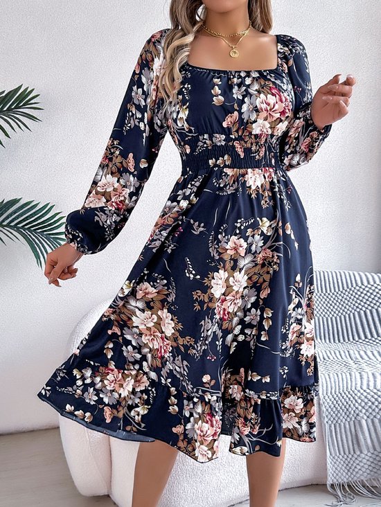 Maxi-jurk voor dames, lange mouwen, vierkante hals, bloemen, geborduurd