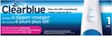 Clearblue zwangerschapstest met twee blauwe lijnen, uitslag 6 dagen vroeger. "Clearblue" logo.