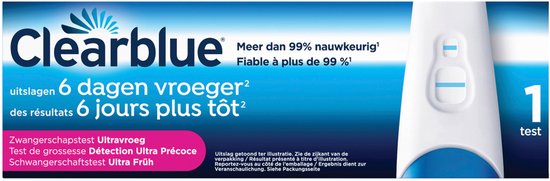 Clearblue zwangerschapstest met twee blauwe lijnen, uitslag 6 dagen vroeger. "Clearblue" logo.