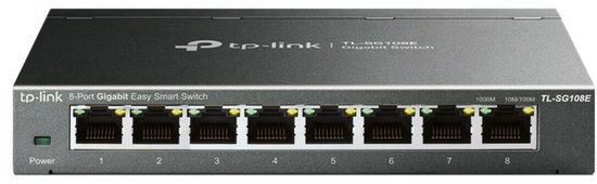 TP-Link TL-SG108E 8-poorts Gigabit Easy Smart Switch, frontaal bekeken.