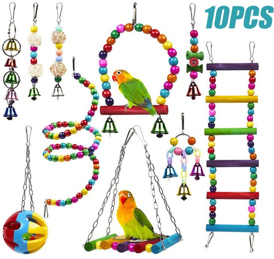 Ensemble de jeux Vogel CHIWIN 10 pièces – Jouets pour perroquets et perruches avec balançoire, Ladder, Jouets à mâcher et clochette – Jouets en bois pour cage – Pour perruches, inséparables, calopsittes et petits perroquets