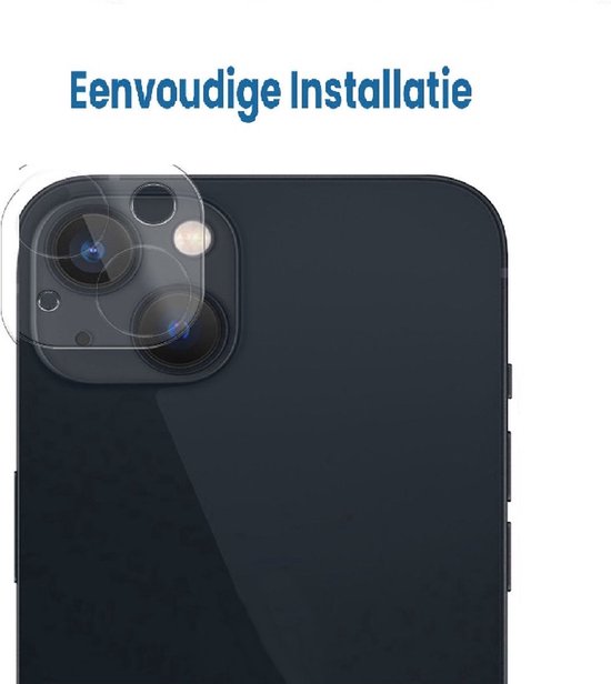 Een doorzichtige cameralensbeschermer op een donkerblauwe smartphone. Tekst: Eenvoudige Installatie.