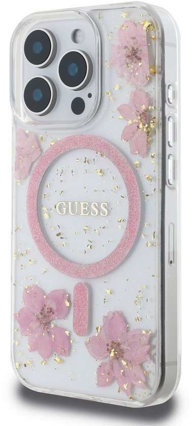 Guess - Backcover iPhone 16 Pro - Magsafe - Resin Flowers Design - Roze