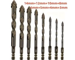 Set excentrische boortjes met vier snijkanten, titanium gecoat, meerdere maten, hoge hardheid, vierzijdig gekarteld voor metaal, hout enz., 8 stuks - 3, 4, 5, 6, 8, 10, 12 en 14 mm
