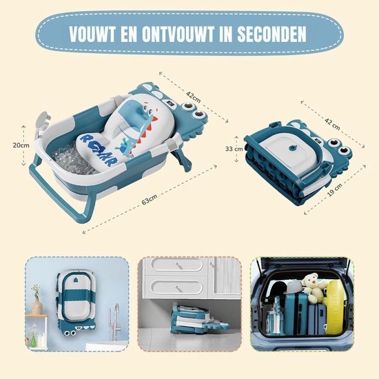 Thuys – Baby Badje Met Standaard – Inklapbaar Bad – Met Badkussentje En Ingebouwde Thermometer – 63 x 42 x 20cm – Groen — afbeelding 3