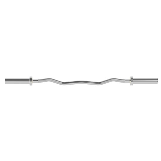 Een zilverkleurige EZ curlstang met een gebogen ontwerp en zilverkleurige uiteinden.