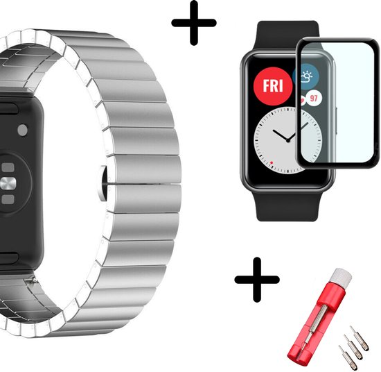 Huawei Watch Fit strap bracelet en métal (argent) Bracelet en acier Huawei Watch Fit smartwatch - Avec protection / protecteur d'écran - Convient pour le Huawei Watch Fit