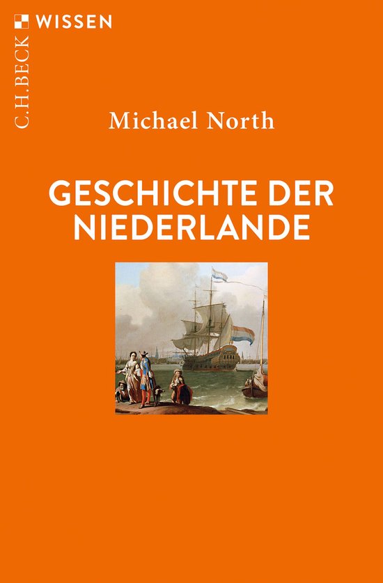 Boek 'Geschichte der Niederlande' met een schilderij van een VOC-schip en figuren in historische kledij.