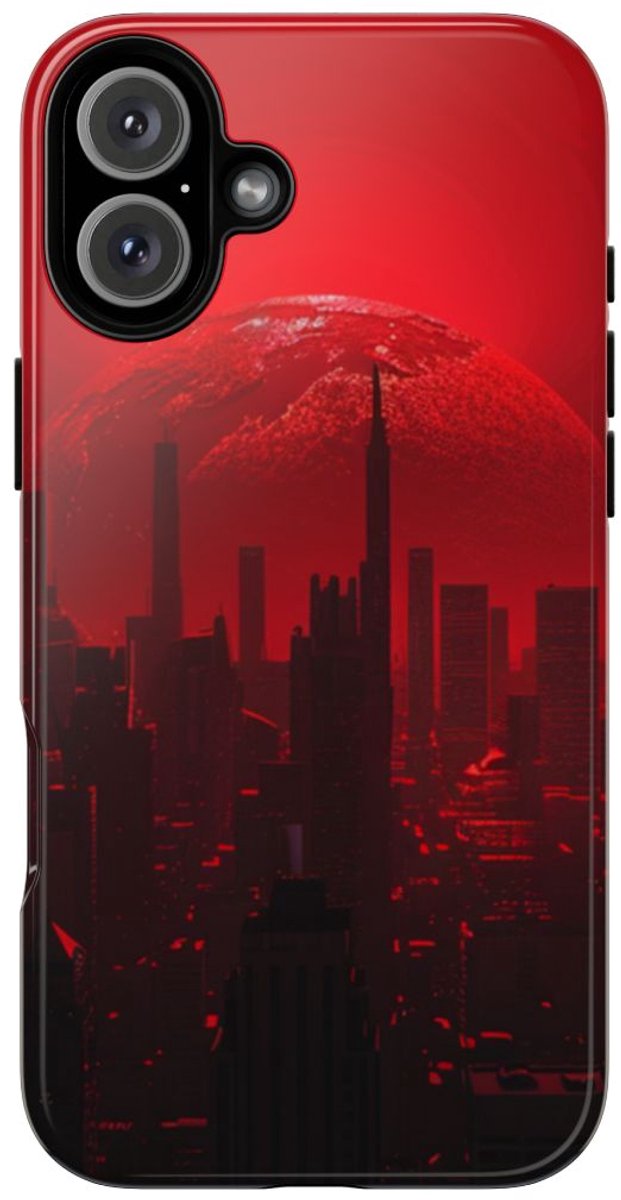 Futuristisch Stadsgezicht met Rode Planeet – Telefoonhoesje Geschikt voor iPhone 16 Plus