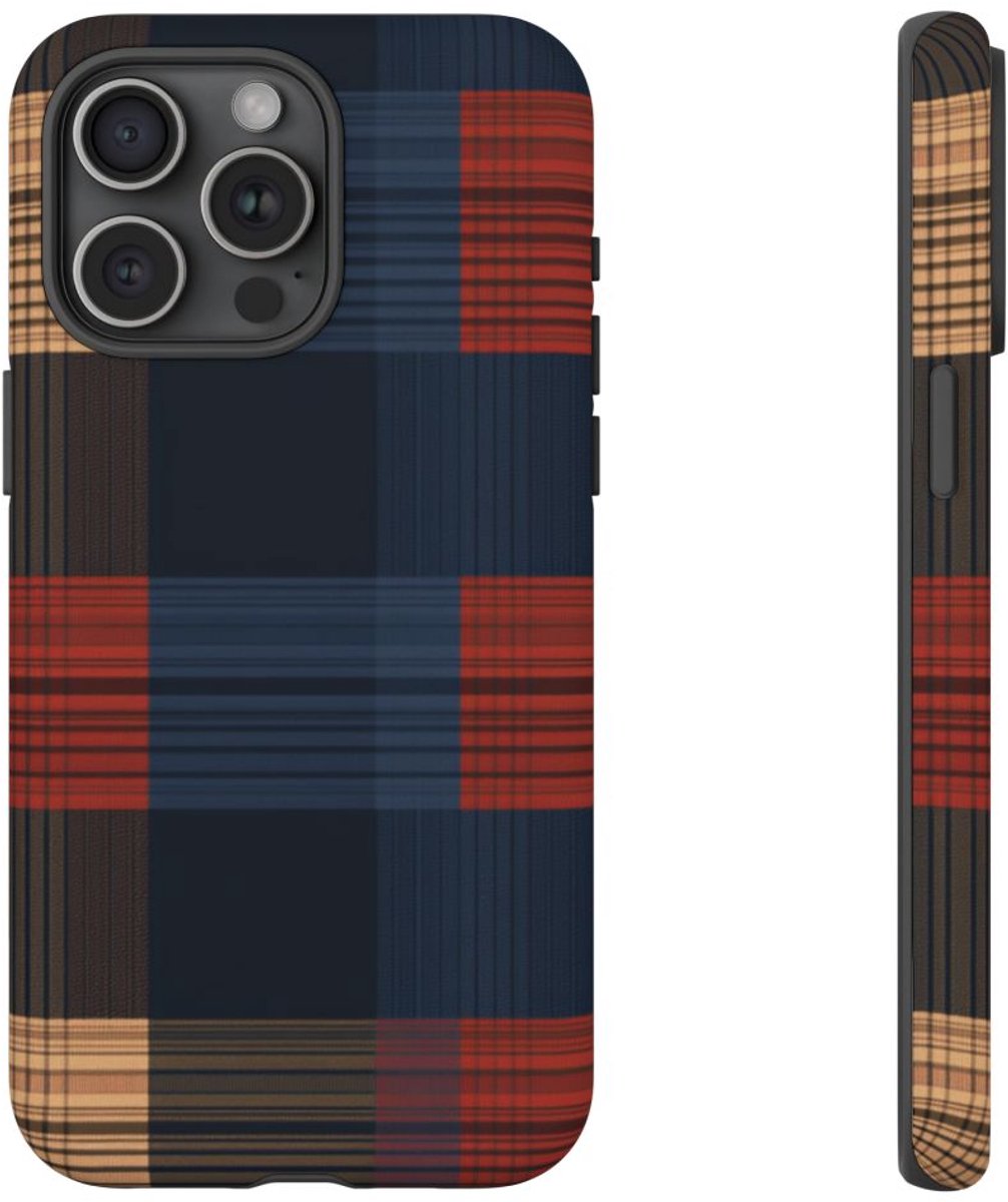 Caramel en Donkerblauw Geruit Patroon – Telefoonhoesje Geschikt voor iPhone 15 Pro Max