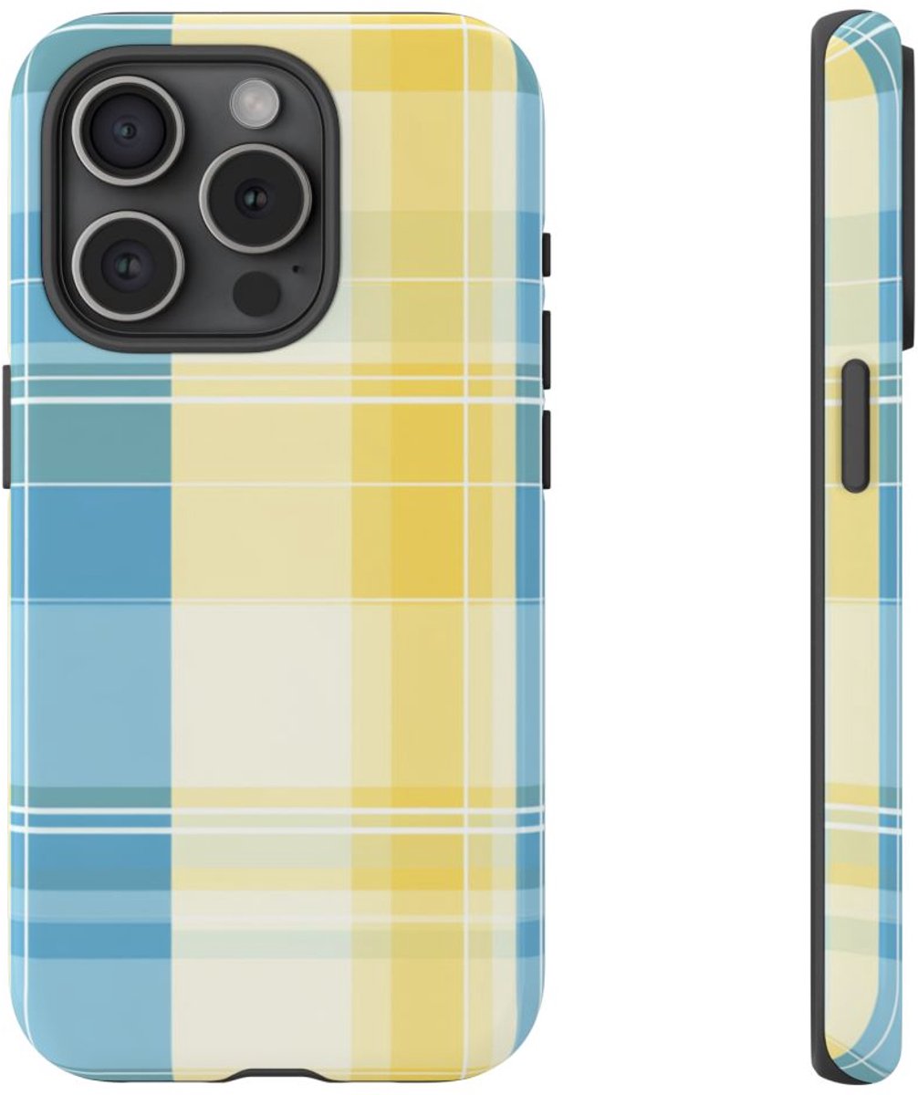 Ocean Blue en Geel Geruit Patroon – Telefoonhoesje Geschikt voor iPhone 15 Pro