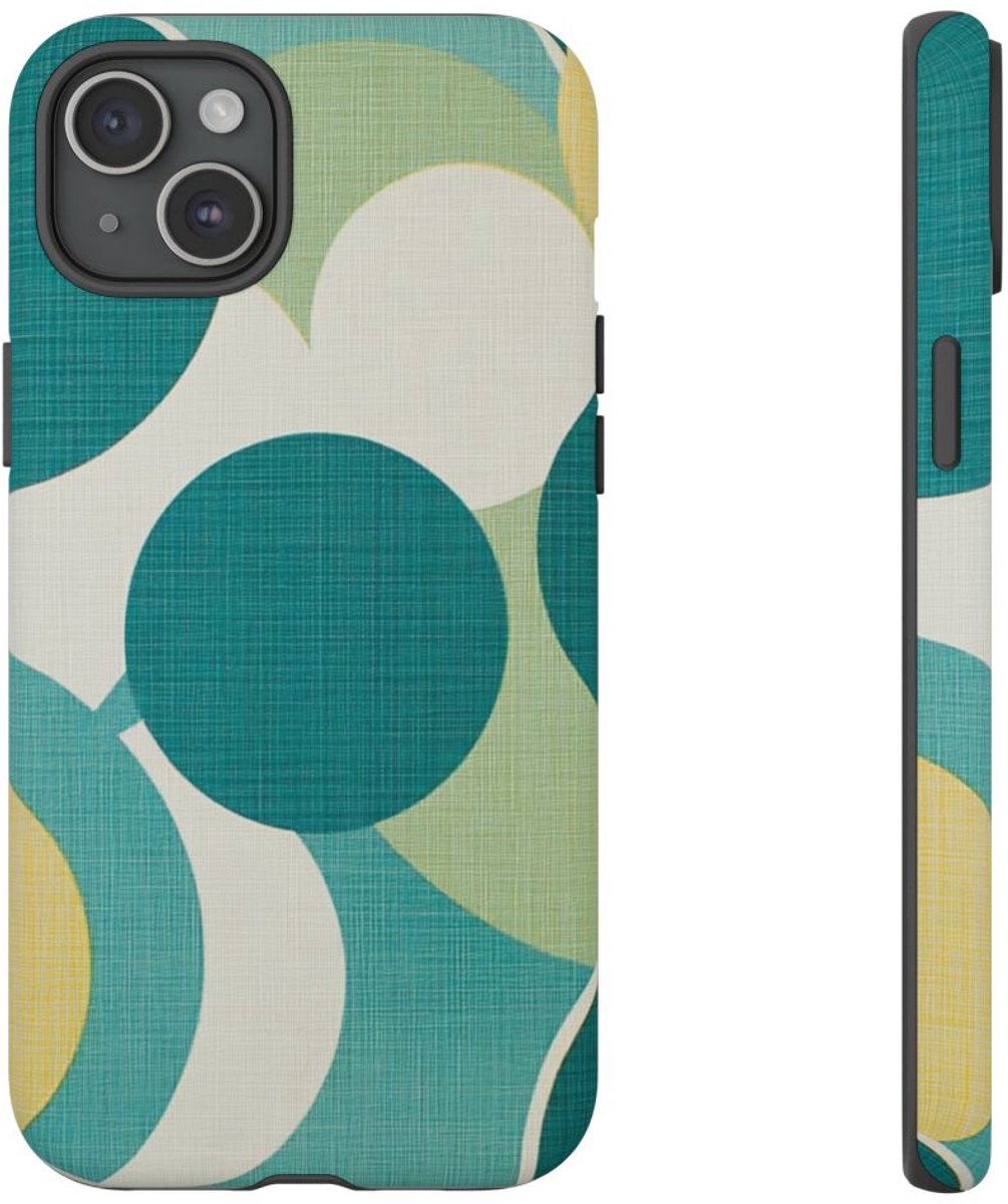 Retro Patroon met Blauwe en Gele Cirkels – Telefoonhoesje Geschikt voor iPhone 15 Plus