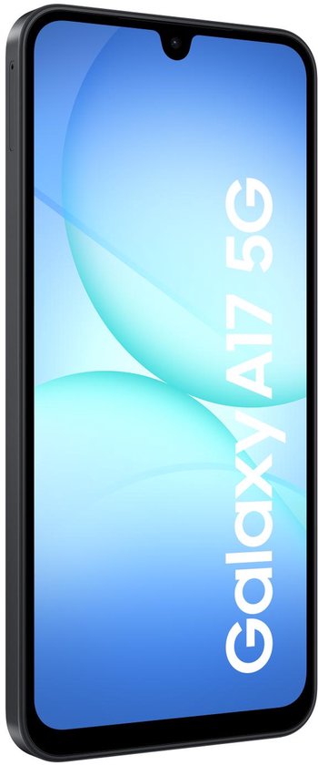 Zwarte Samsung Galaxy A17 5G, scherm met tekst 'Galaxy A17 5G'.
