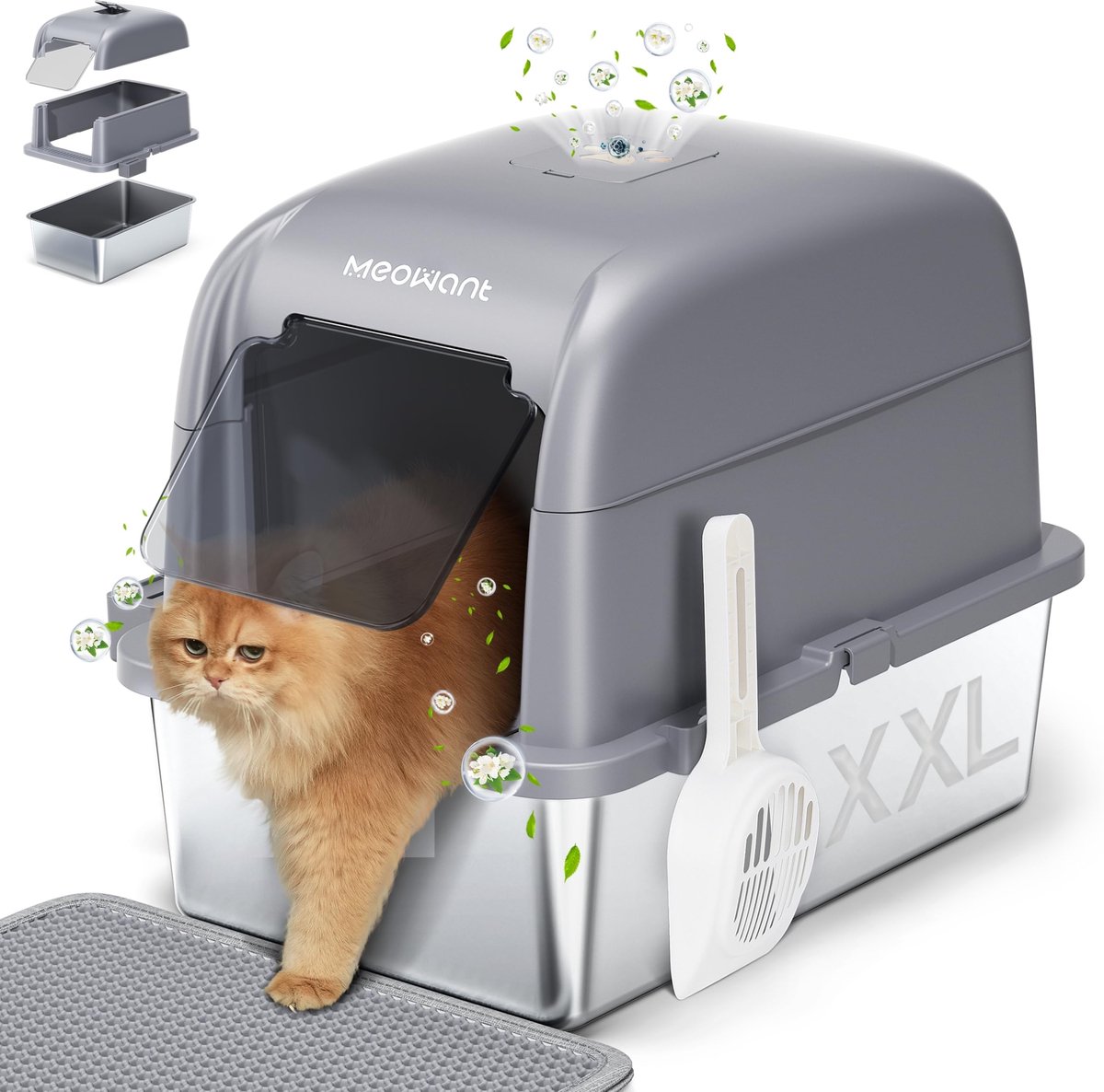 MeoWant Kattenbak van roestvrij staal met deksel, 81 liter, grote capaciteit, verwijderbare, drielaagse, gesloten, geurdichte kattenbak, kattenbak van roestvrij staal met pedalen, schepje en mat (grijs)