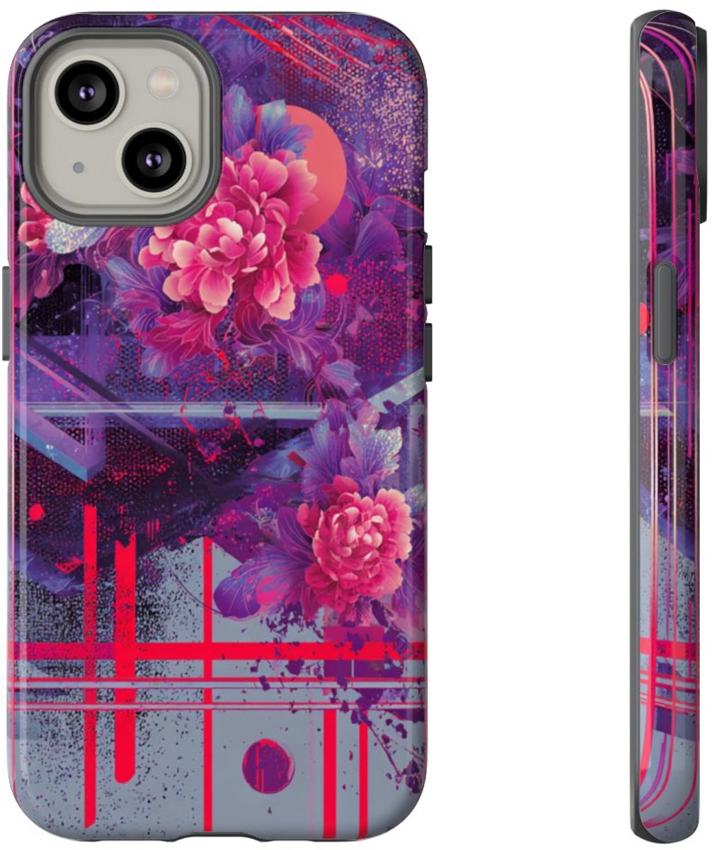 Abstracte Neonbloemen en Geometrie – Telefoonhoesje Geschikt voor iPhone 14