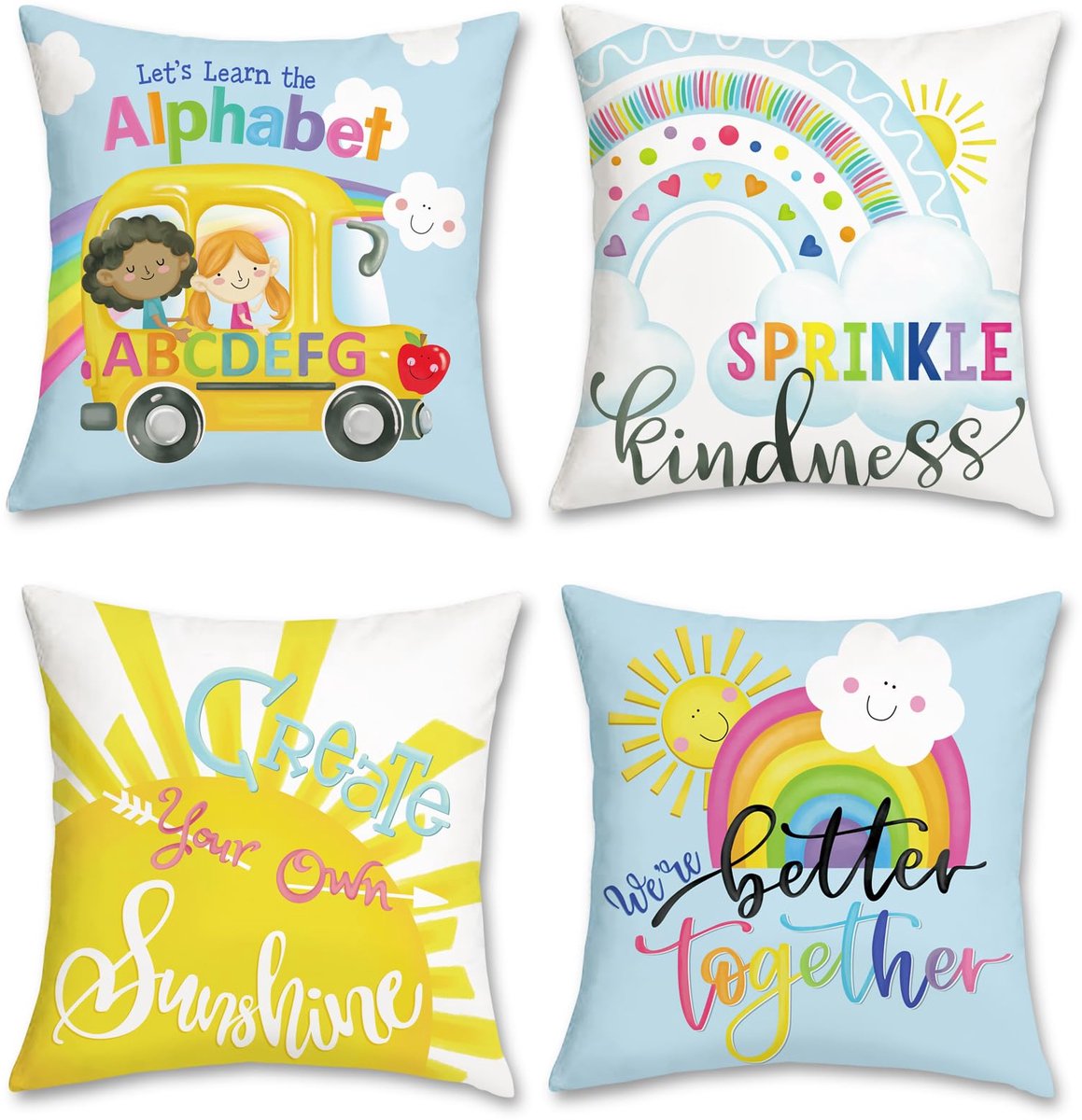Ibenzoa® Decoratieve Kussenslopen Set van 4 voor Kinderen met Regenboog en Zon Ontwerp