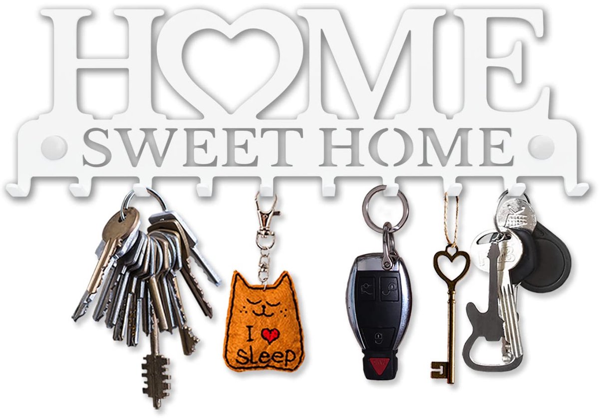 SirHoldeer Sleutelrek Home Sweet Home, Wit Sleutelrek met 10 Haken, Sleutelopbergruimte, Moderne Sleutelhaken, Wandsleutelhouder, Wandsleutelhouder, Halmuurdecoratie, Metalen Decoratie