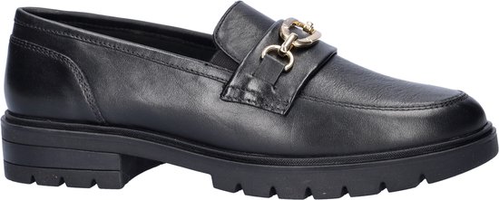 Zwarte leren loafer met gouden gesp, profielzool.
