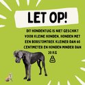 Grote Dane hond en chihuahua, naast tekst die waarschuwt voor de geschiktheid van het tuig voor kleine honden.