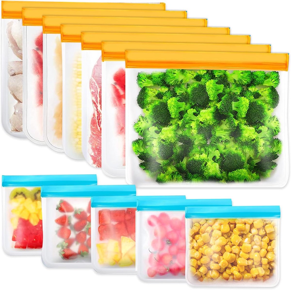 Famanu 12 Stuks Herbruikbare Opbergzakken, Vrieszakken, BPA-vrij, Sandwichzakken, Siliconen Voedselzakken, Waterdichte Lunchtas voor op Reis