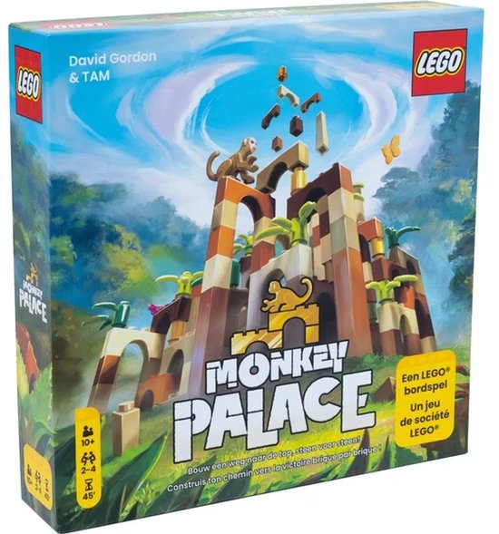 De doos van LEGO Monkey Palace met een bruine, oranje en beige toren en apen, met de tekst "Monkey Palace" en "LEGO".
