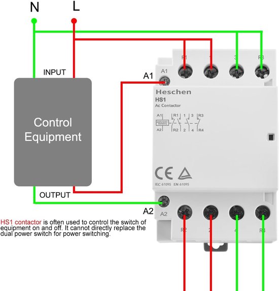 Heschen Haushalts-AC-Schütz HS1-25 – 4-polig, 2NO 2NC, 25A, 220-240V, DIN-Schiene 35mm