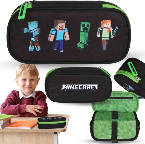 Minecraft Officiële Minecraft schooletui ovaal etui voor kinderen, ideaal voor het opbergen van schrijfwaren, met binnenverdeler met elastische lussen, praktische ritssluiting, 22 x 7 cm, Groen