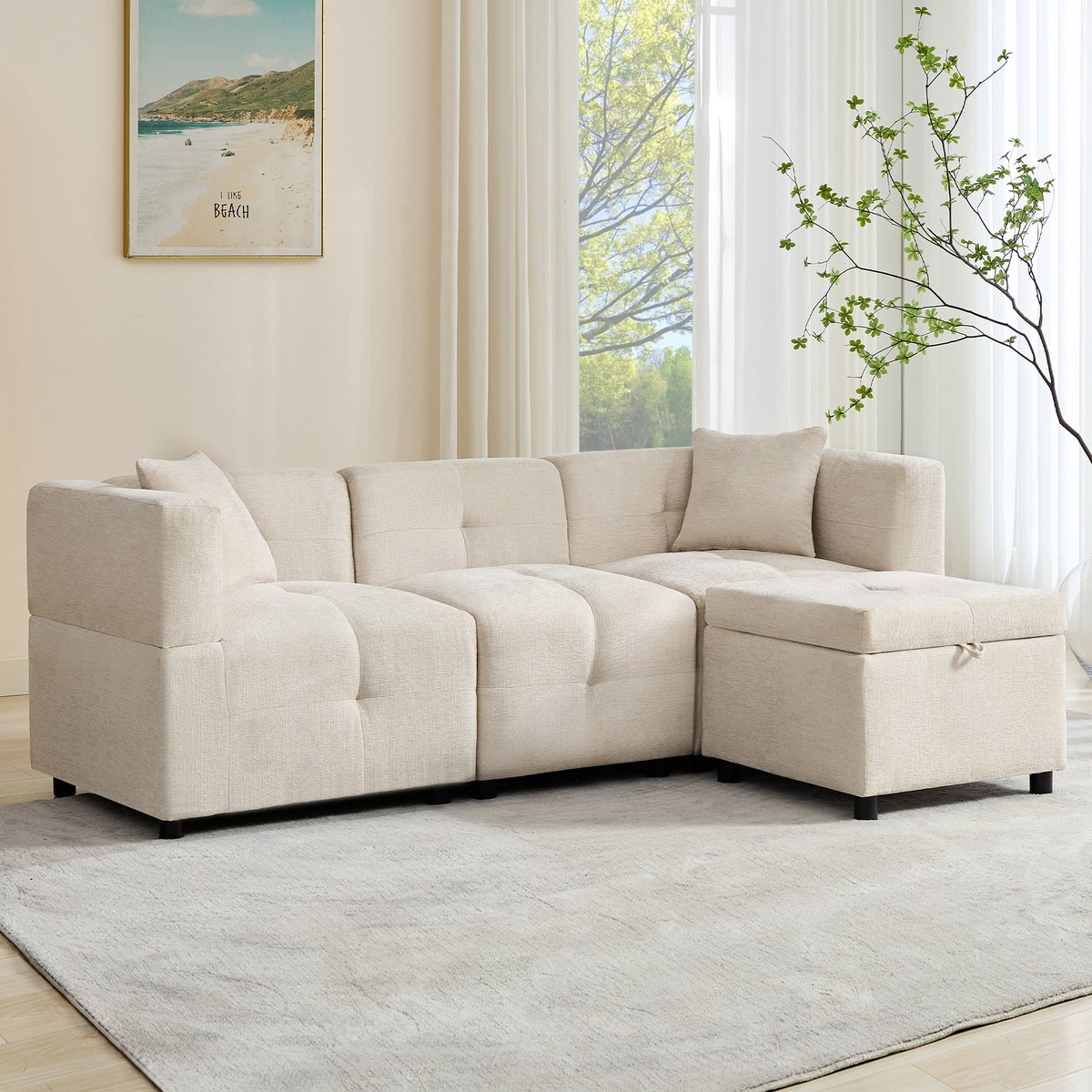 Gutent 3-zitsbank - met opbergruimte - met afneembare poef - 2 kussens - L-vormige hoekbank - Beige