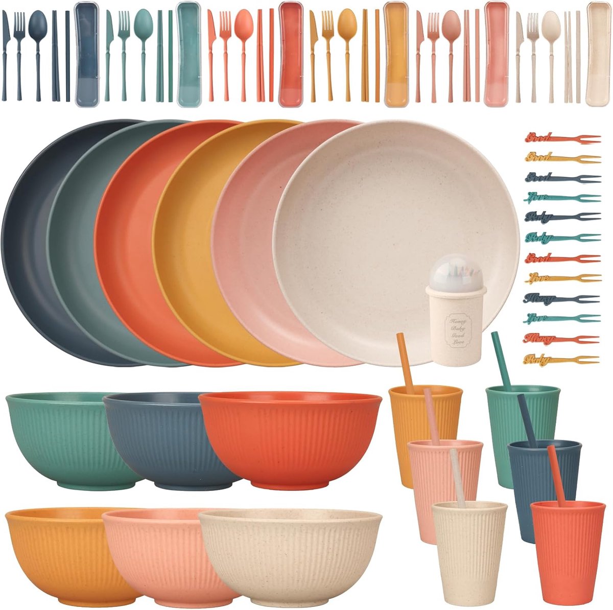 Onbreekbare serviesset voor 6 personen, 66-delig campingservies, set plastic servies, picknick, serviesset, licht, kleurrijk, grill, kunststof, serveerborden, kommen, bestekset