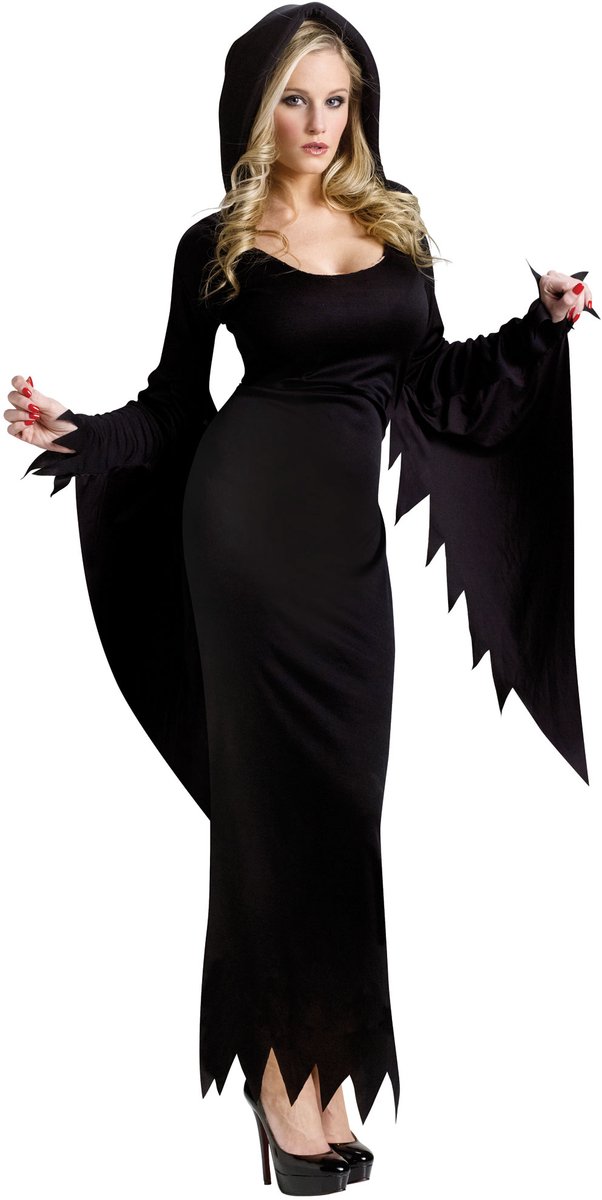 Fun World Halloween Jurk voor Dames Heks Gothic Kostuum Vampieren Jurk Dames Carnavalskleding Dames Halloween Kostuum Volwassenen Halloween Kostuum Dames Verkleedkleren Volwassenen - Polyester - Zwart - 1-Delig Jurk met Capuchon - Maat S/M