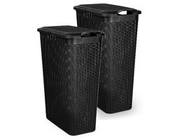 Plasticforte Smalle Wasmand met deksel Rotan - 2x - zwart - gevlochten kunststof - 48 liter - 27 x 46 x 60 cm