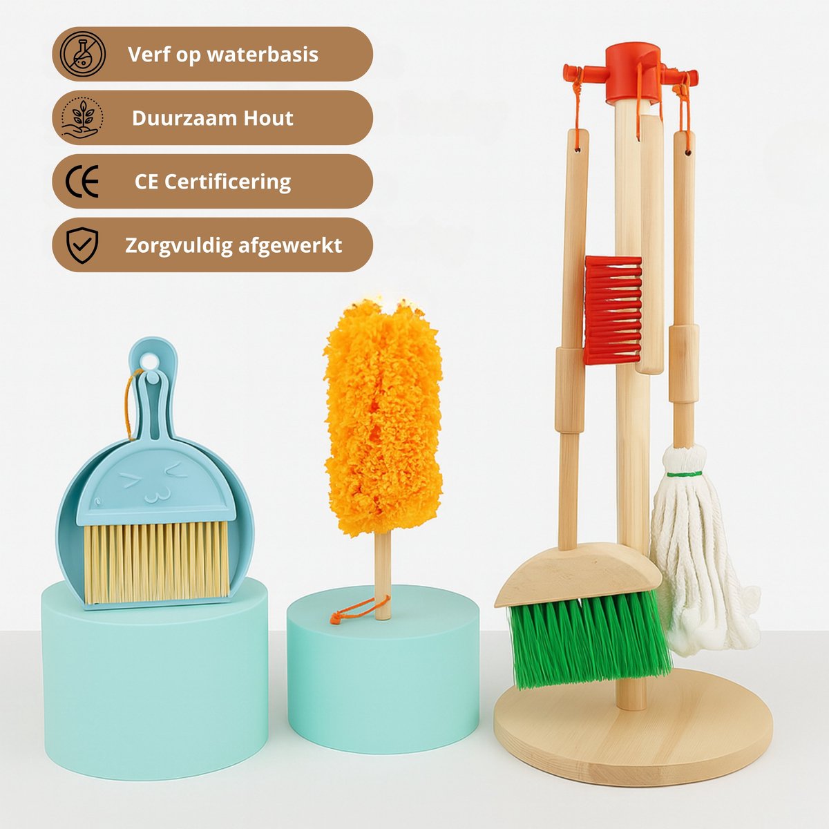 Montessori Schoonmaakset Kinderen – Houten Speelgoed Schoonmaak Set 7-delig – Met Bezem, Stoffer & Blik, Dweil & Plumeau – Educatief Rollenspel voor Peuters en Kleuters — afbeelding 3