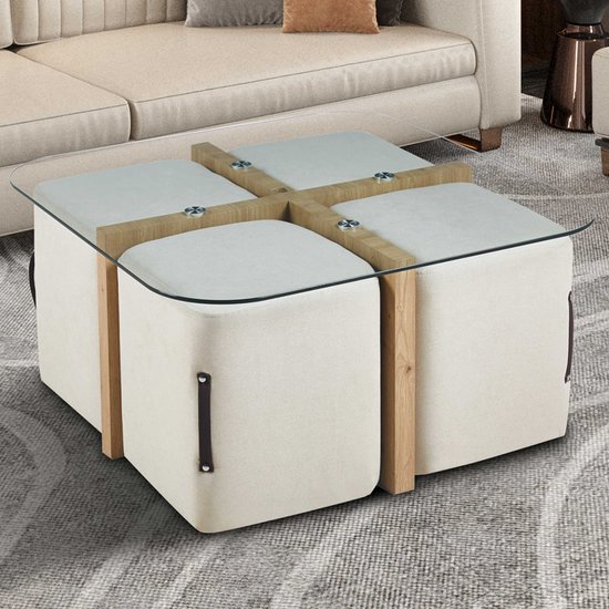 Table basse avec quatre poufs Shana | 90 x 90 x 45 cm | Blanc - Verre - Rousseau - Tables basses en verre - Blanc - MDF|Verre - Tables basses en verre