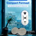 Compacte, witte robot ramenwasser met twee grijze schoonmaakdoekjes, met afmetingen.