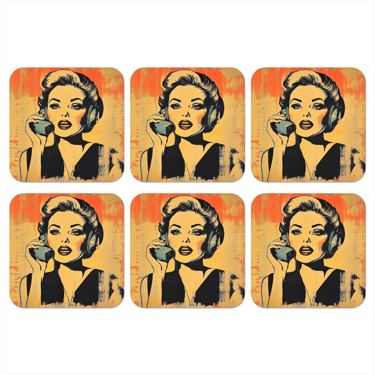Onderzetters voor glazen - Retro - Vrouw - Koptelefoon - Oranje - 10x10 cm - Glasonderzetters - 6 stuks