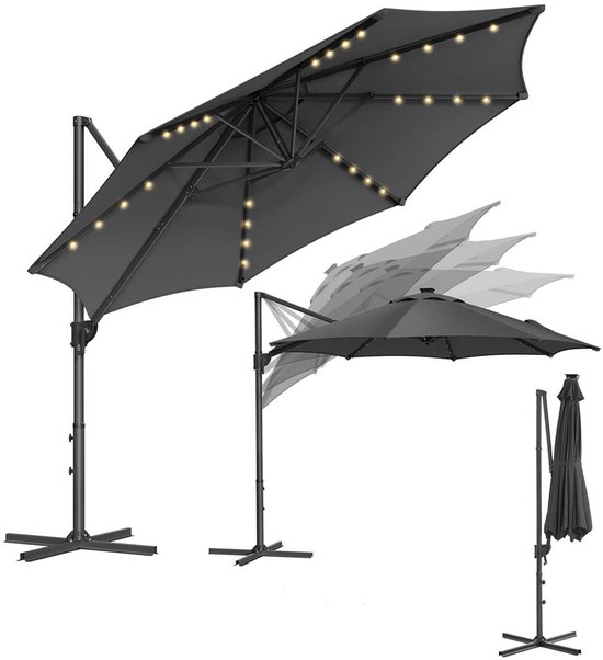Parasol noir 300 cm - Parasol de Sun - Protection UPF 50+ - 28 LED Solar - Dimensions 300 cm P x 240 cm HHH