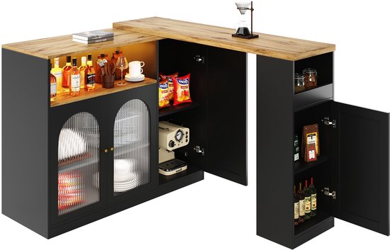 Table de bar pivotante Merax avec rangement, aspect bois Zwart, 198 x 39 x 97 cm, avec LED et porte Verres - Meuble de bar ou de café
