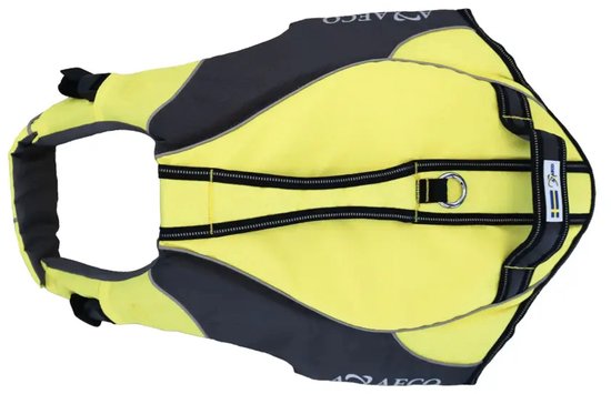 Gilet de sauvetage pour chien jaune et gris, vue de dessus, avec des accents réfléchissants.
