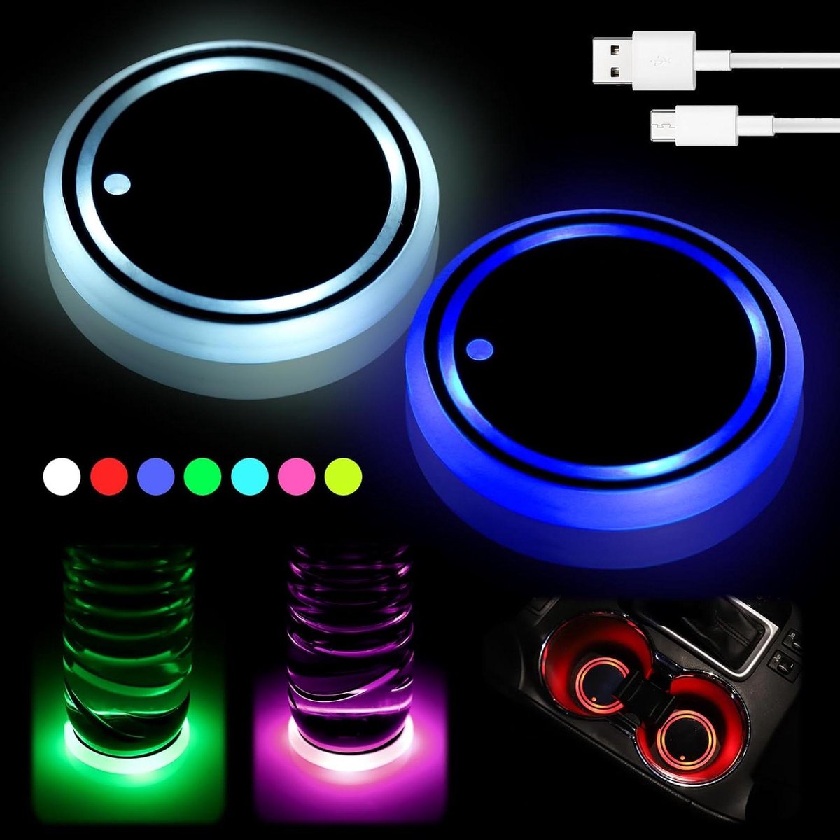 Allecto Plus - Led auto onderzetter 2 stuks met intelligente lichtonderzetter - Universele bekerhouderverlichting in 7 kleuren - Luminescent USB-bekerhouder licht