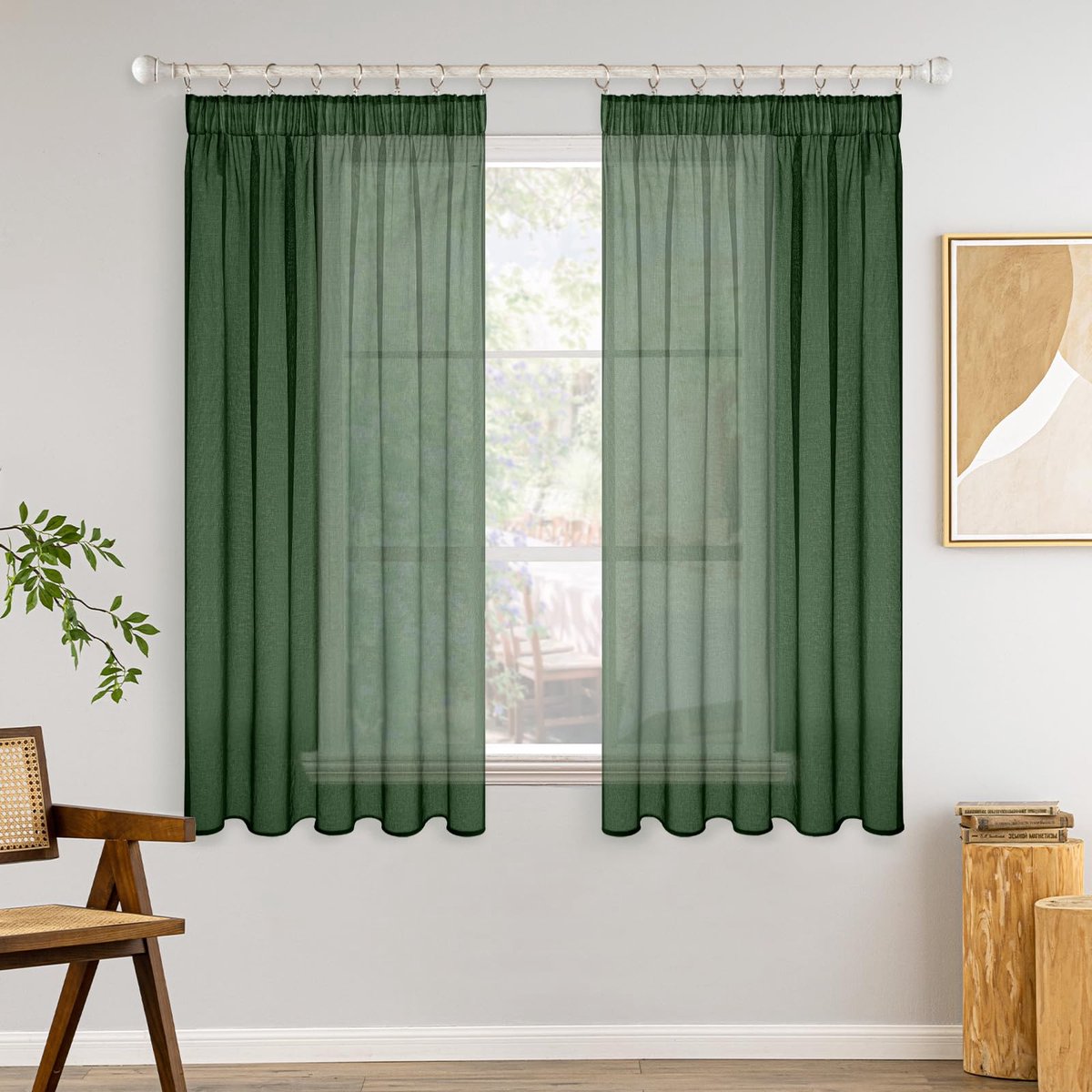 Ibenzoa Gordijnen Set van 2 met Plooiband, Transparant Vitrage voor Slaapkamer, Donkergroen, 140 x 145 cm