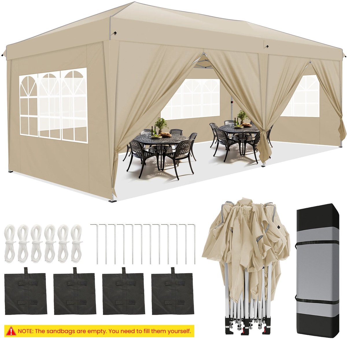 Pop-Up Partytent – Partytent – Evenemententent – Tuinentent – Markttent – Waterdicht Oxford Doek – Stevig Stalen Frame - Khaki