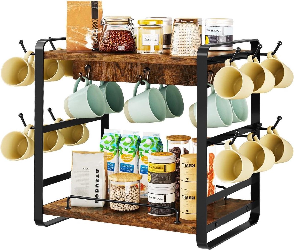 Allecto Plus - 2 Tier Koffiemok Organizer met 14 Haken - Vintage Bruin - Multifunctionele Mok Boom - Thuis Keuken Kantoor