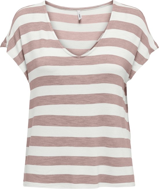 T-shirt à rayures roses et blanches, manches courtes et col en V.