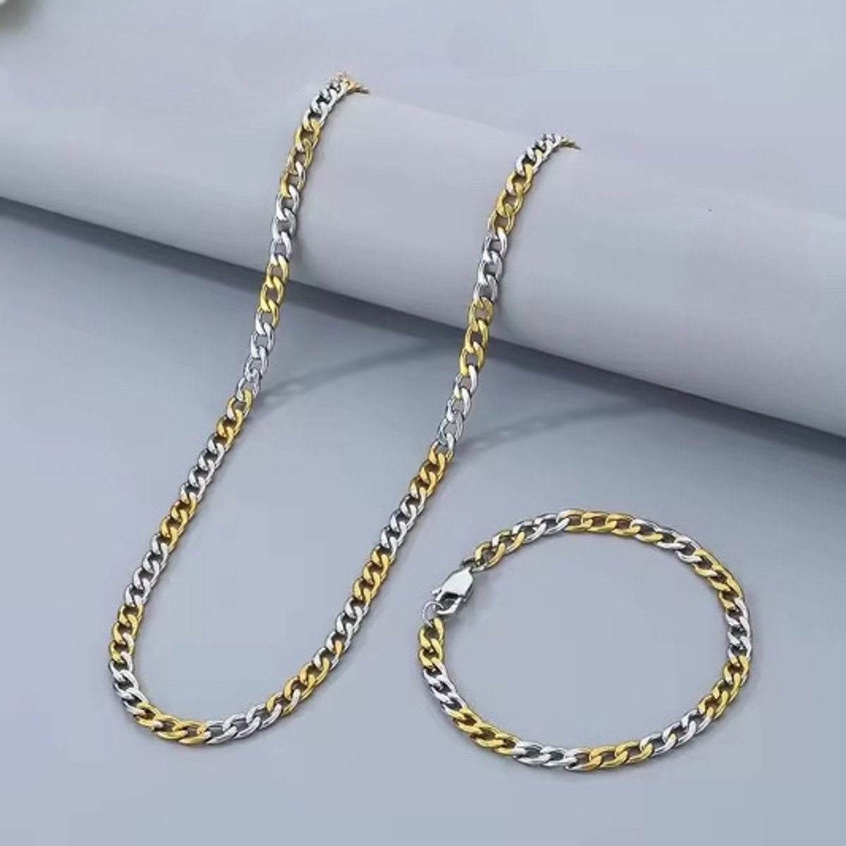 Cuban Link Ketting&Armband Set | Zilver&Goudekleurig | 5mm | Ketting Heren