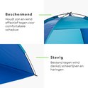 Close-up van de blauwe en turquoise strandtent met tekst over bescherming en stevigheid.